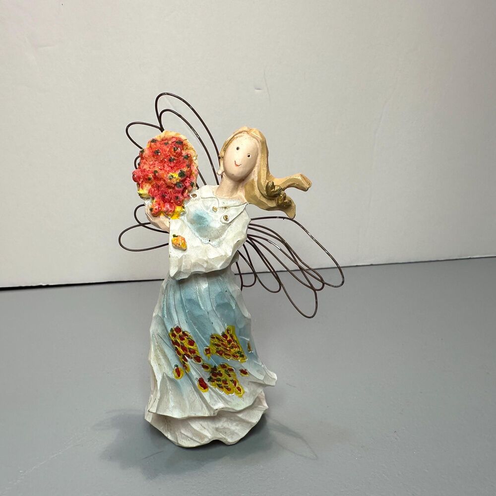 Angel Figurine Flowing Hair, Basket of Flowers and Wire Wings - 5” x 3 1/2” x 2”